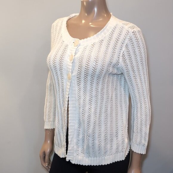 JONES NEW YORK Open Knit Cardigan Sweater Long Sleeve White Spring Buttoned - Picture 5 of 13